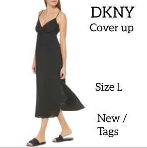 DKNY V NECK FRONT TIE BLACK SWIM COVER UP MAXI DRESS SIZE L NEW WITH TAGS